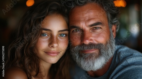 Father and teenage daughter smiling together, close-up, family bonding, outdoors, joyful expressions, warm sunlight, generational connection, affectionate father-daughter relationship, love, happiness