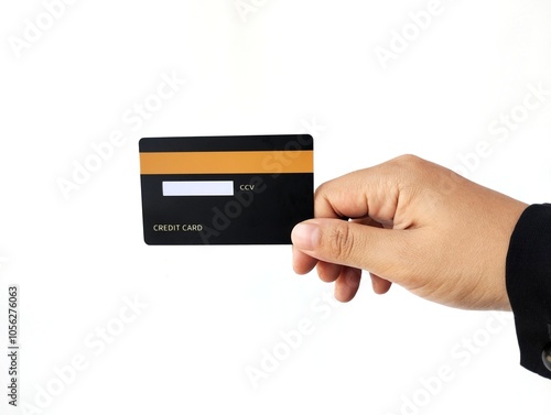 Hand Holding Black Credit Card isolated on white background 