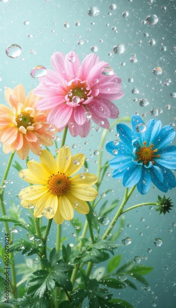 Bright spring flowers on a background of frosted glass with water droplets Bright spring flowers on a background of frosted glass with water droplets