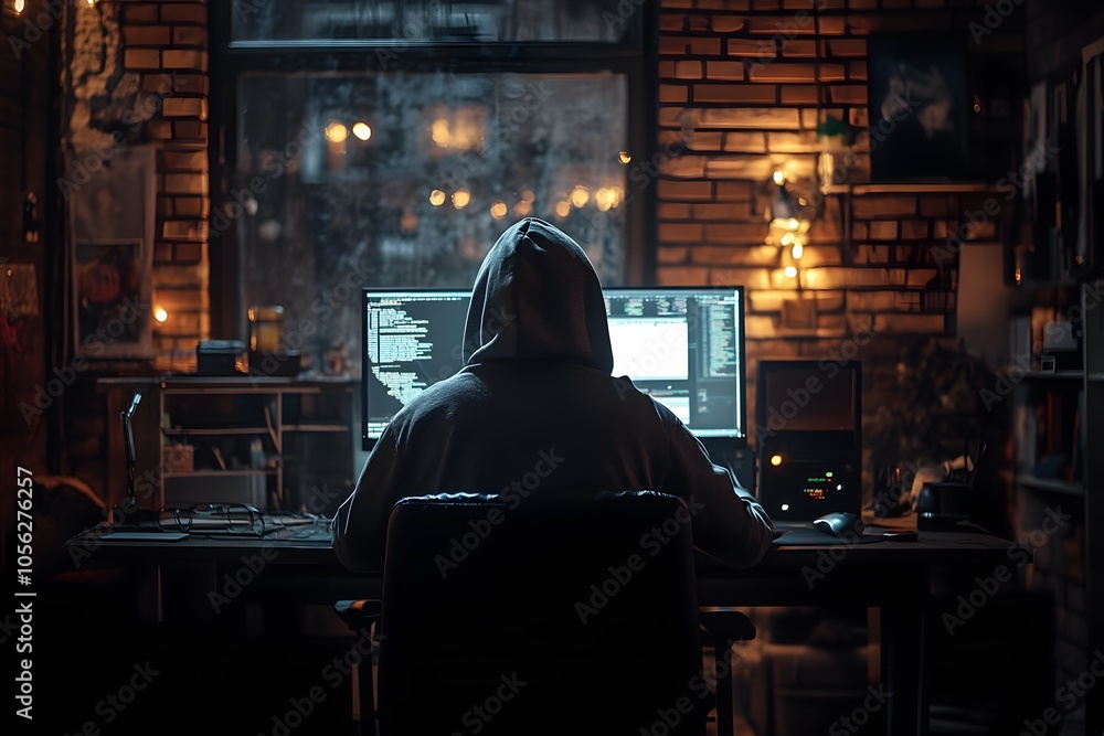 Lone hacker in hoodie at computer in dark space Lone hacker in hoodie at computer in dark space