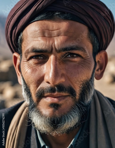 A middle-aged 45 years old Afghan man stands confidently in a rural area, showcasing his traditional attire and thoughtful gaze amidst a serene backdrop of his village. Generative AI