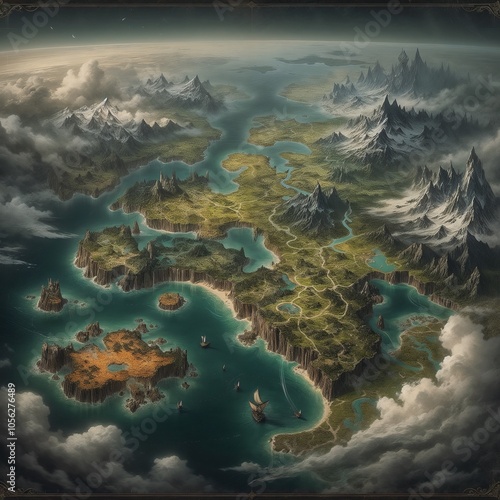 Fantasy map with mountains, islands, and rivers photo