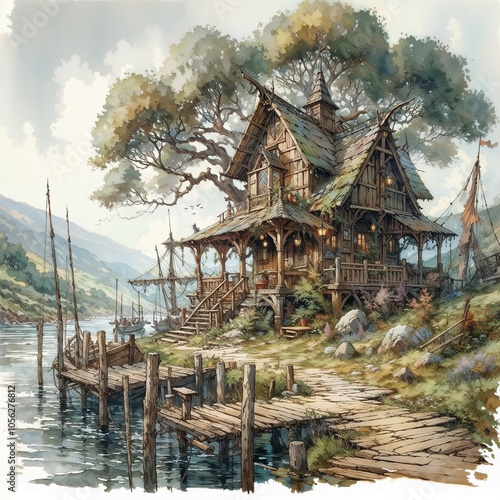 Rustic Nordic waterfront cottage with wooden dock in a misty landscape, detailed watercolor painting capturing serene natural beauty. photo