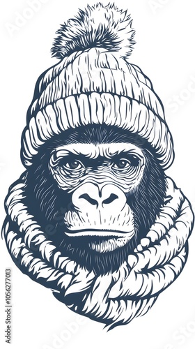 Gorilla head in hat - outline cut out silhouette. Ape, monkey head in knitted hat character mascot
 photo