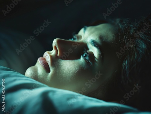 Close-up of someone experiencing Sleep Paralysis, with clear lighting highlighting the tension and immobility in the moment
