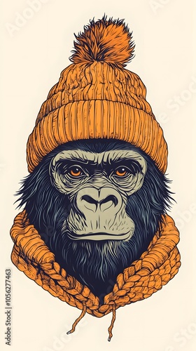 Gorilla head in hat - outline cut out silhouette. Ape, monkey head in knitted hat character mascot
 photo