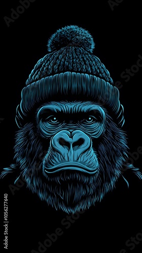 Gorilla head in hat - outline cut out silhouette. Ape, monkey head in knitted hat character mascot
 photo