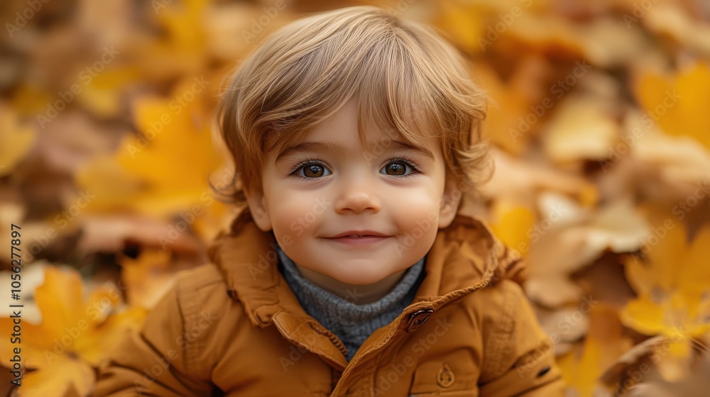 Smiling toddler in autumn leaves wearing cozy jacket, adorable outdoor portrait, fall colors, cute child, seasonal warmth, happy moment, nature background, innocence Smiling toddler in autumn leaves wearing cozy jacket, adorable outdoor portrait, fall colors, cute child, seasonal warmth, happy moment, nature background, innocence