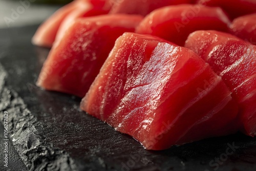 Close-up of vibrant Tuna Sashimi arranged on a dark slate plate, illuminated by precise studio lighting, casting soft highlights on the marbled texture of the fish photo