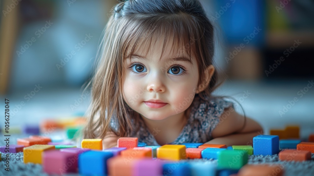 Cute little girl playing with colorful blocks, learning and creativity, curious expression, close-up portrait, playful child, fun activity, home environment, development, bright colors Cute little girl playing with colorful blocks, learning and creativity, curious expression, close-up portrait, playful child, fun activity, home environment, development, bright colors