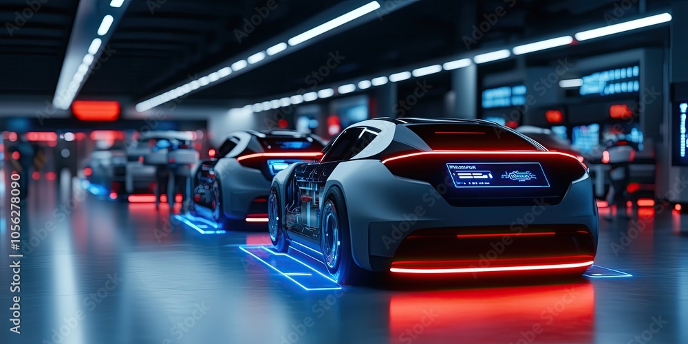 Futuristic electric cars in a high-tech showroom with bright neon lights and a modern sleek design showcasing innovation and technology in automotive industry imagery Futuristic electric cars in a high-tech showroom with bright neon lights and a modern sleek design showcasing innovation and technology in automotive industry imagery