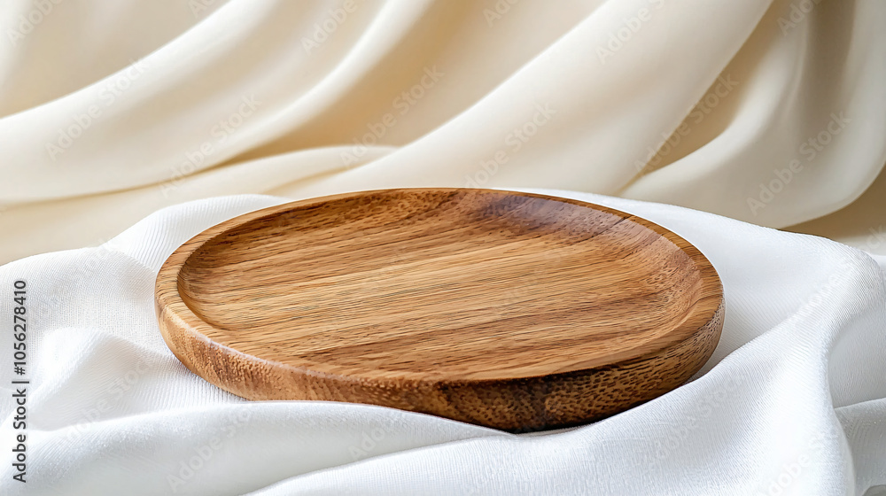 a rustic wooden plate placed on soft white fabric, warm wedding-themed aesthetic with beige tones a rustic wooden plate placed on soft white fabric, warm wedding-themed aesthetic with beige tones