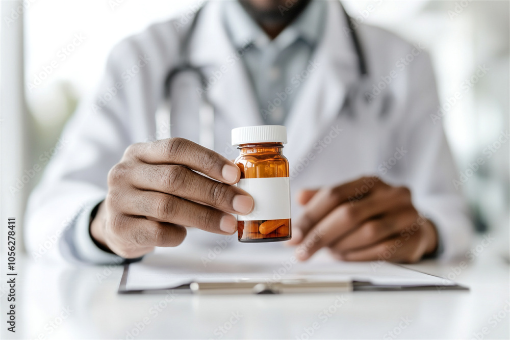 Doctor showing a pill bottle with blank label for adding prescription medicine information. Selective focus Doctor showing a pill bottle with blank label for adding prescription medicine information. Selective focus