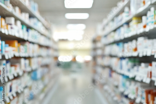 Blurred pharmacy shelves displaying a wide variety of medicine and healthcare products, creating an abstract background