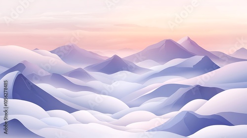 A breathtaking view of a mountain range shrouded in mist at sunrise, with a soft, pink glow in the sky. photo