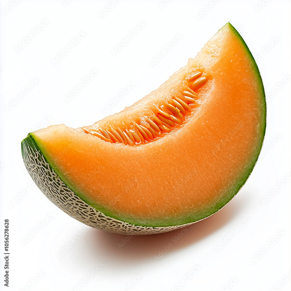 Bright Orange Melon Slice with Seeds Isolated on Clean White Background Bright Orange Melon Slice with Seeds Isolated on Clean White Background