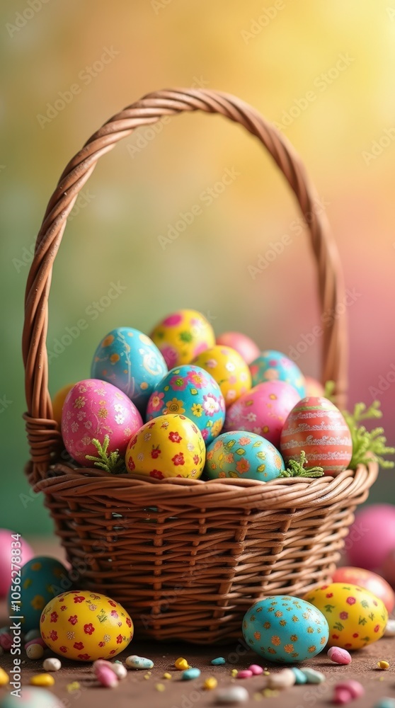 Whimsical Still Life of Vibrant Easter Eggs in a Woven Basket Celebrating Spring Festivities. Generative AI Whimsical Still Life of Vibrant Easter Eggs in a Woven Basket Celebrating Spring Festivities. Generative AI