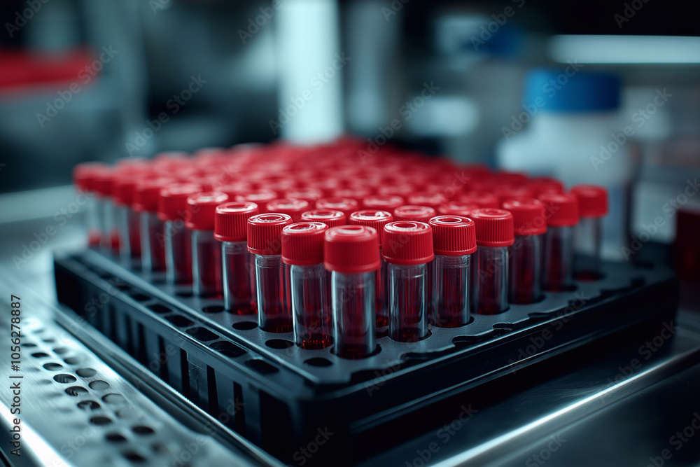Obraz premium test tubes with red liquid with red caps close-up in the laboratory