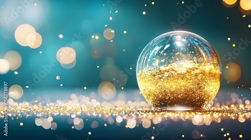 Gold Glitter Sphere Blue Background