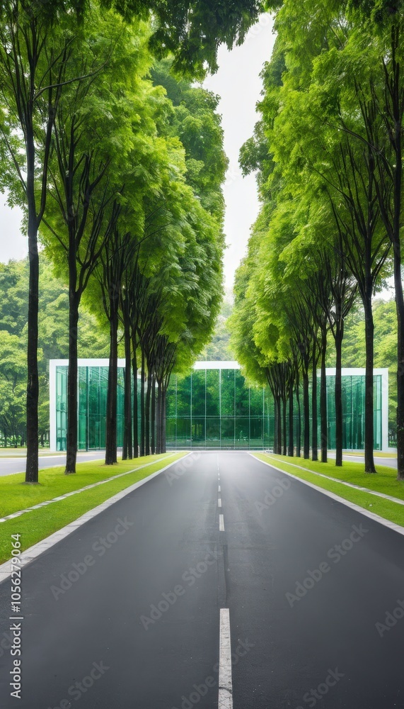 A Serene Asphalt Road Lined With Trees Leading to a Glass Wall Building in a City Park. Generative AI A Serene Asphalt Road Lined With Trees Leading to a Glass Wall Building in a City Park. Generative AI
