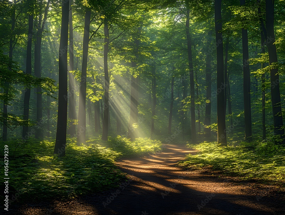 Obraz premium Serene forest path illuminated by sunlight filtering through lush green trees.