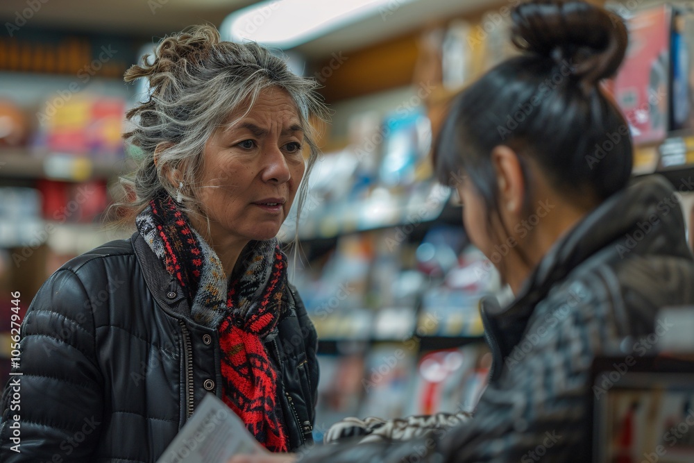 Two women engage in a conversation in a warm, inviting bookstore filled with books. The older woman looks curious while the younger one appears attentive, creating a lively atmosphere Two women engage in a conversation in a warm, inviting bookstore filled with books. The older woman looks curious while the younger one appears attentive, creating a lively atmosphere