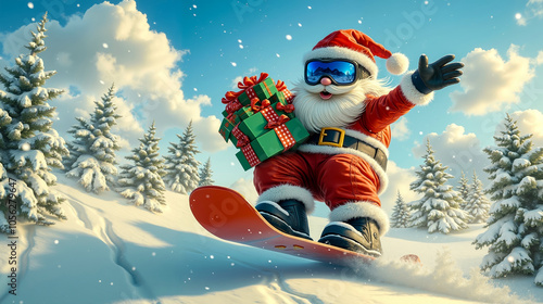 A santa claus is riding a snowboard in the snow with presents