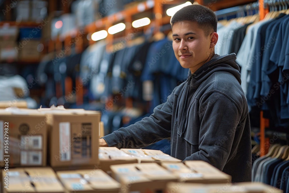 A young man is sorting and organizing cardboard boxes in a busy warehouse. The environment is filled with shelves stacked with clothing, reflecting a typical day in logistics and inventory management A young man is sorting and organizing cardboard boxes in a busy warehouse. The environment is filled with shelves stacked with clothing, reflecting a typical day in logistics and inventory management