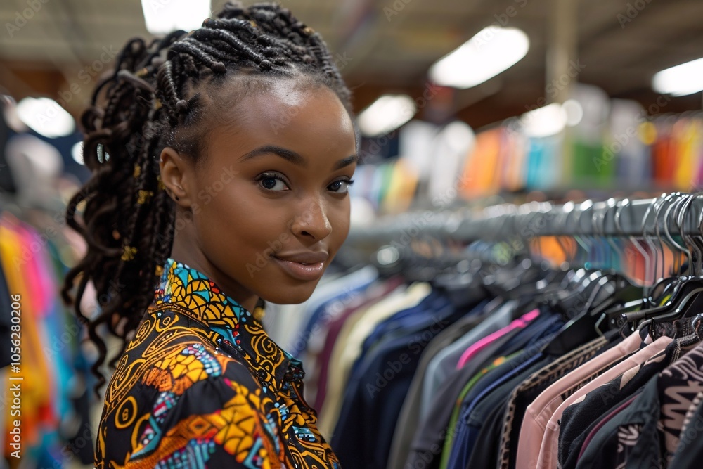 A young woman with intricate braids browses through colorful clothing racks in a cheerful thrift store, enjoying the process of selecting unique fashion pieces A young woman with intricate braids browses through colorful clothing racks in a cheerful thrift store, enjoying the process of selecting unique fashion pieces