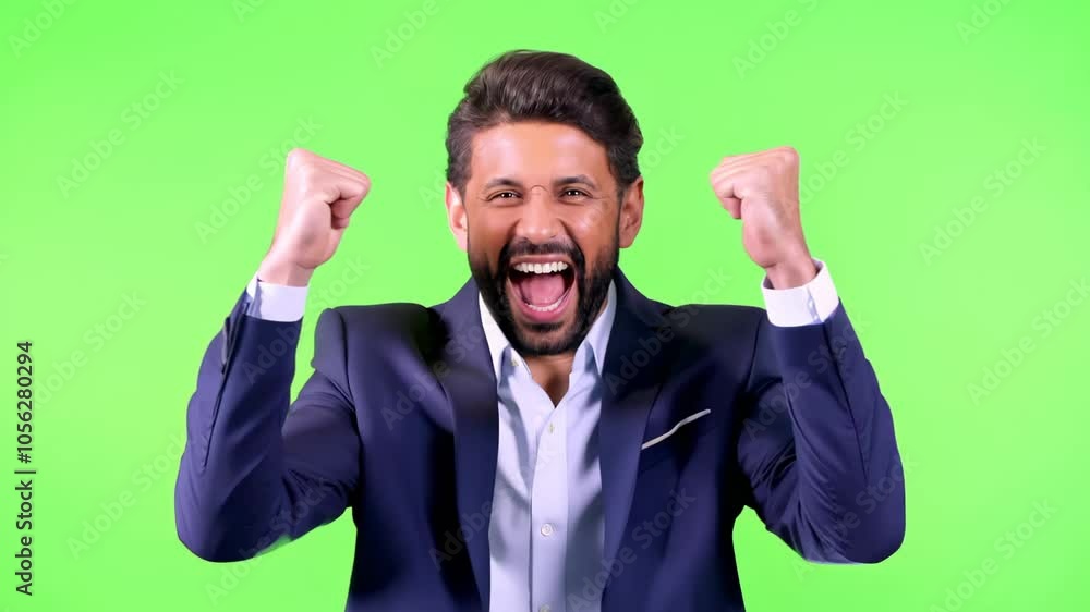 Close Up Isolated Business Man Happy Cheering Smiling on Green Chroma Background - Success Concept Close Up Isolated Business Man Happy Cheering Smiling on Green Chroma Background - Success Concept
