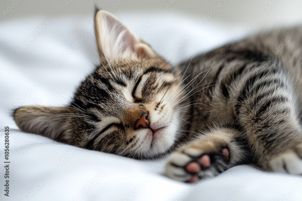 Sleeping tabby cat on soft white blanket, showcasing its peaceful expression and adorable features. This captures essence of tranquility and comfort Sleeping tabby cat on soft white blanket, showcasing its peaceful expression and adorable features. This captures essence of tranquility and comfort