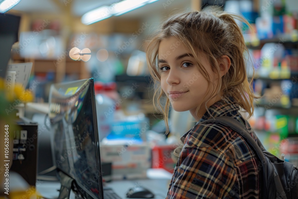 A young woman sits at a computer in a bustling store, engaging with customers while surrounded by various supplies and vibrant products on shelves, reflecting a lively retail environment A young woman sits at a computer in a bustling store, engaging with customers while surrounded by various supplies and vibrant products on shelves, reflecting a lively retail environment