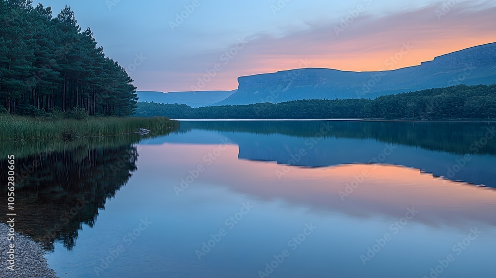 Fototapeta premium Serene landscape at dawn with calm water reflecting mountains and trees.