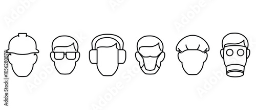 Simple line icons for personal protective equipment and work safety in the form of protective helmets, glasses, hearing protectors, masks, head coverings and respirators, work safety signs.