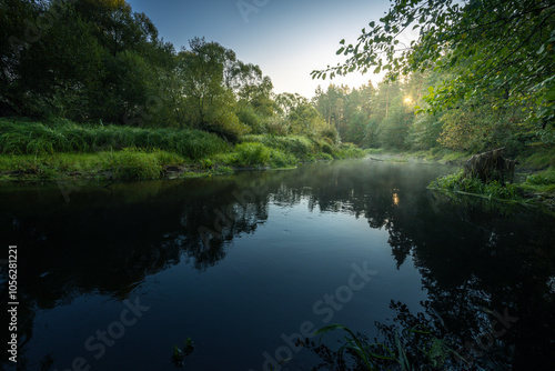 A calm lake with trees in the background
