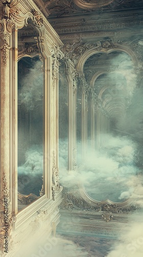 Portal mirrors in an infinite corridor, each showing different magical realms, ethereal mist flowing between photo