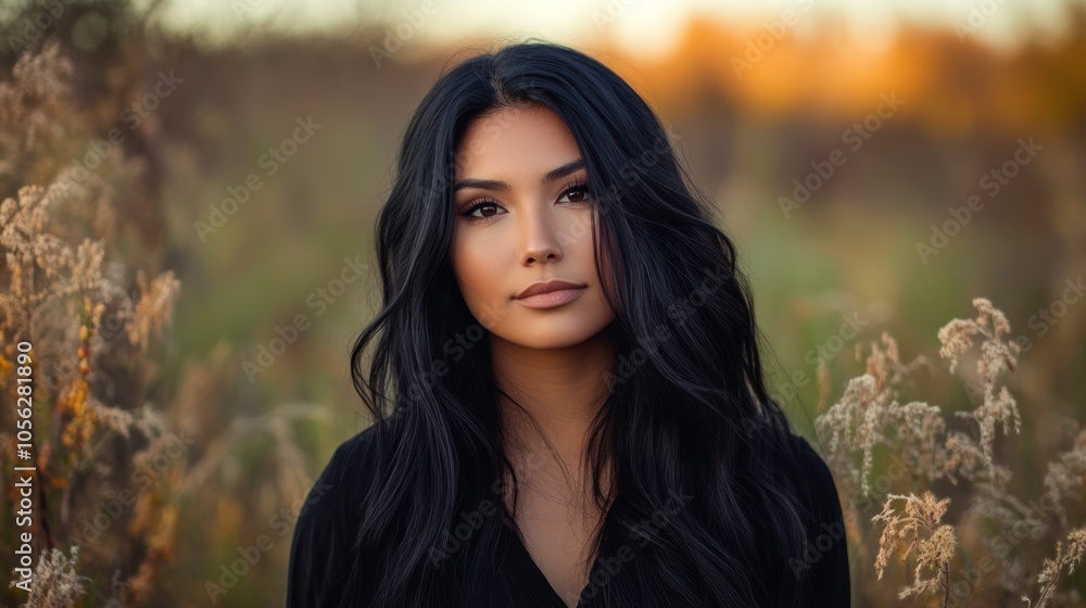 Portrait of a Native American Woman With Long Black Hair in a Grass Field During Sunset. Generative AI Portrait of a Native American Woman With Long Black Hair in a Grass Field During Sunset. Generative AI