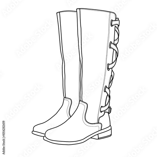 Women's Strappy Motorcycle Knee High Boots Winter Lace Up Riding Flat Low Heel Shoes Boots Line art, Technical sketch hand drawing outline vector doodle illustration isometric view isolated on white