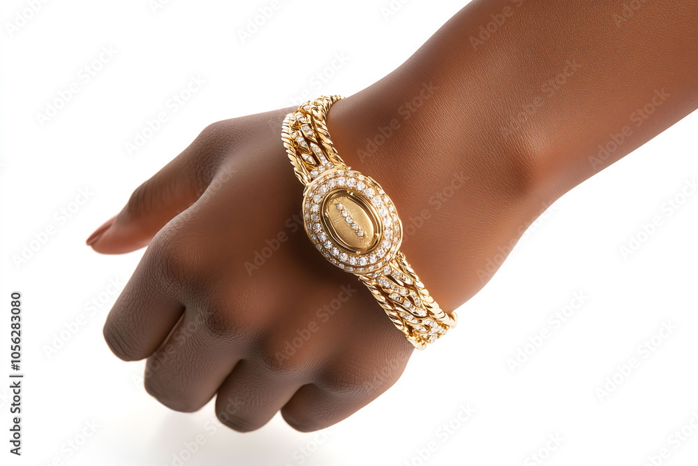 Elegant Diamond-Cut Golden Bracelet with Locket: Brown Skin women Hand Model on White Background Elegant Diamond-Cut Golden Bracelet with Locket: Brown Skin women Hand Model on White Background