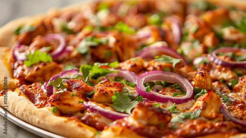 Pizza topped with barbecue chicken, red onions, and cilantro Pizza topped with barbecue chicken, red onions, and cilantro