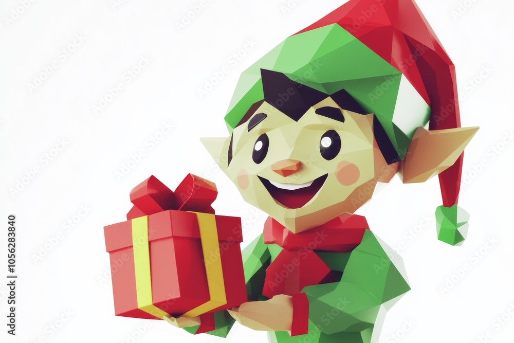 Joyful Low Poly Christmas Elf Delivering Presents in Festive Colors and Cheerful Spirit Joyful Low Poly Christmas Elf Delivering Presents in Festive Colors and Cheerful Spirit