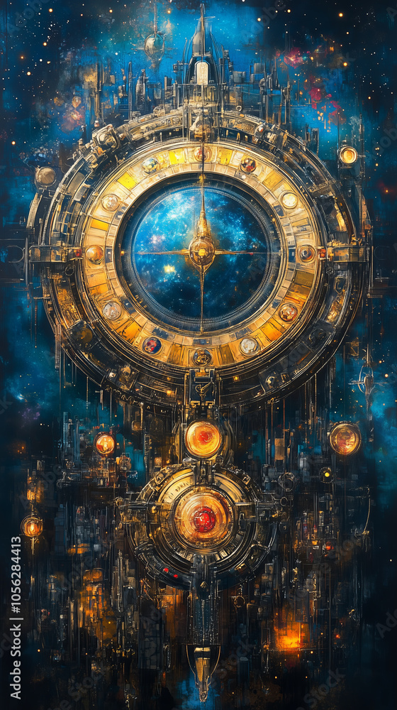 Obraz premium A complex steampunk clockwork device against a starry backdrop..