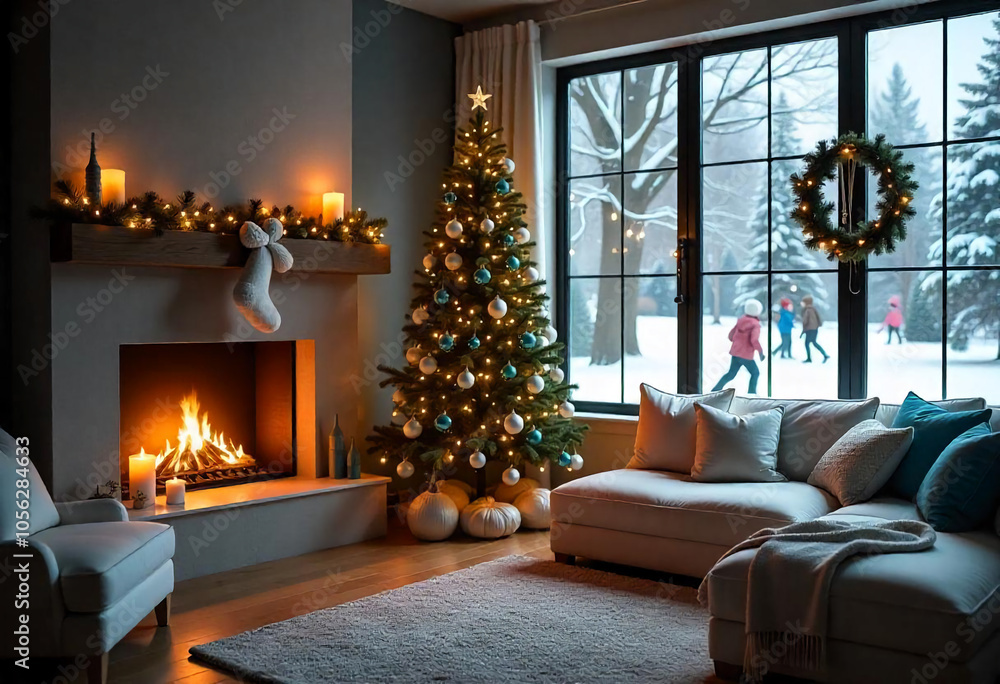 Fototapeta premium fireplace with christmas decorations