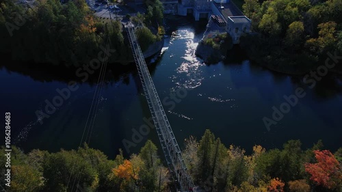 Aerial view from above at Ranney Gorge Suspension Bridge in Campbellford, part of the Great Trail. Longest recreational trail in the world. Trent River below and Ranney Falls to the north. Ferris Park photo