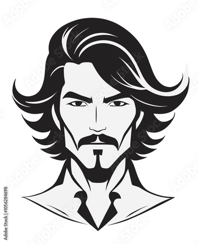 Men haircut, medium shag and feathered layers, and moustache, in the style of the 1970s.