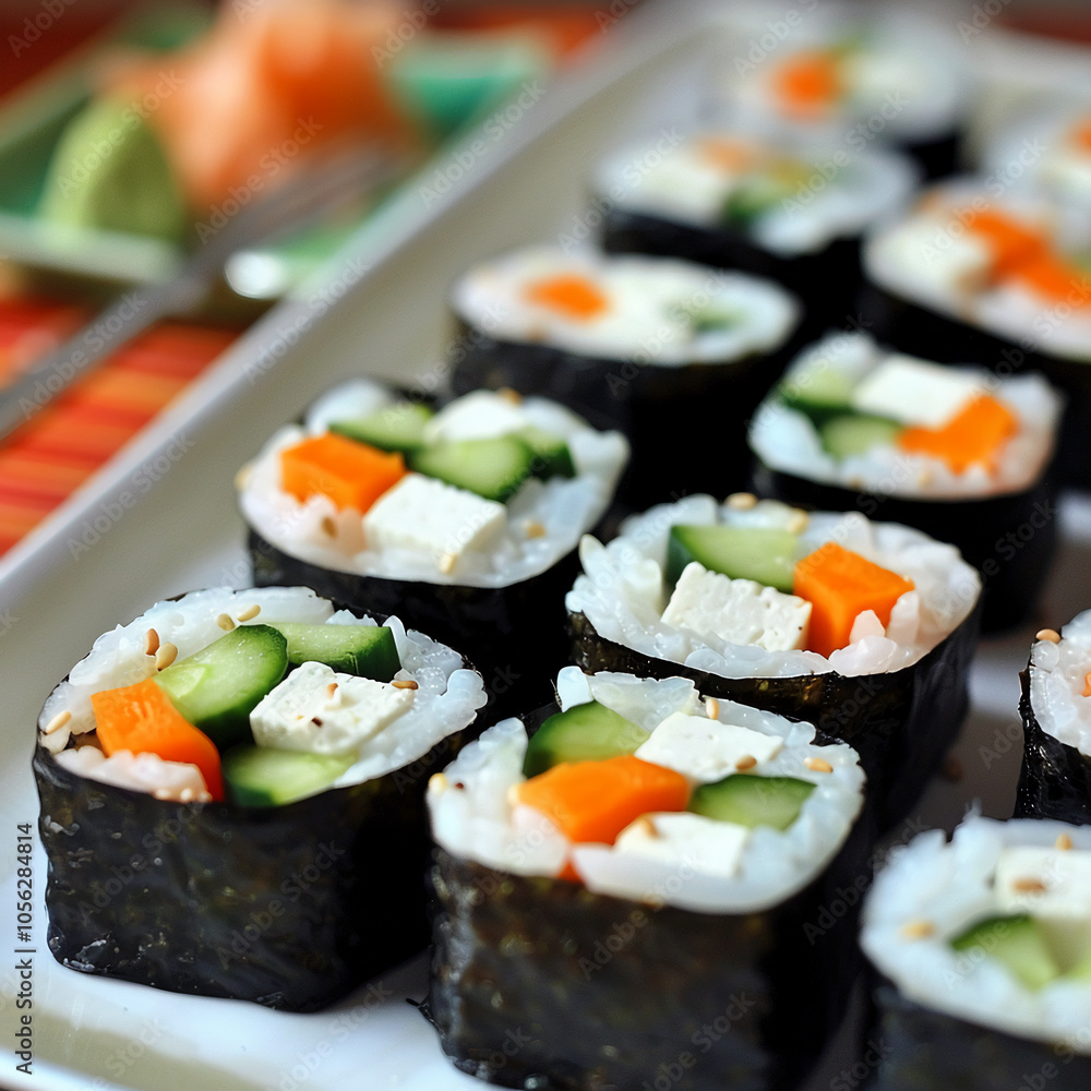 A plate of vegetarian sushi rolls with cucumber, carrot, and tofu A plate of vegetarian sushi rolls with cucumber, carrot, and tofu