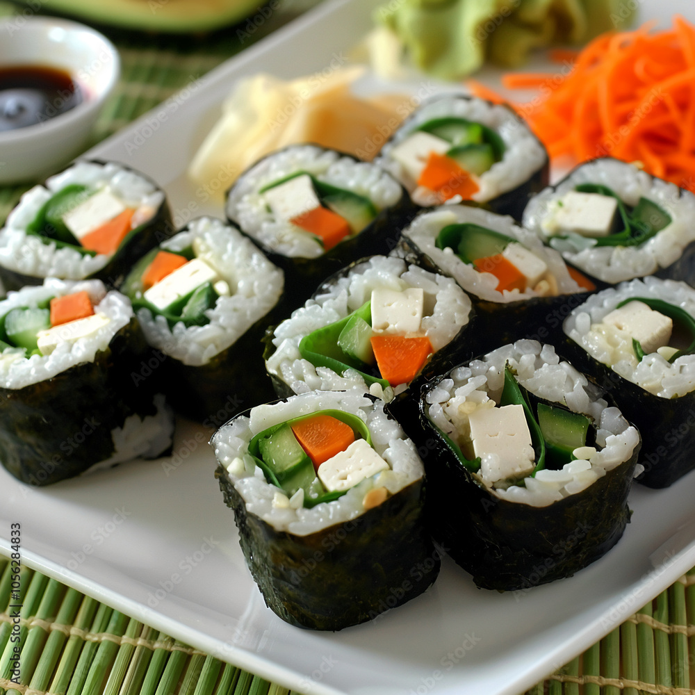 This is a plate of vegetarian sushi rolls filled with tofu, cucumber, and carrot, sitting on a bamboo mat This is a plate of vegetarian sushi rolls filled with tofu, cucumber, and carrot, sitting on a bamboo mat