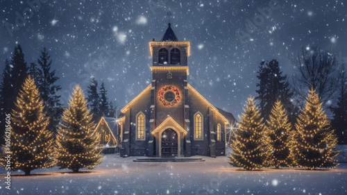 A charming church decorated with festive lights stands amidst snowy trees on a serene winter night, creating a magical holiday atmosphere. photo