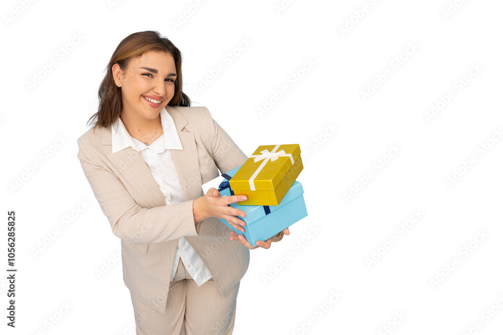 Professional young Latina holding wrapped presents Professional young Latina holding wrapped presents