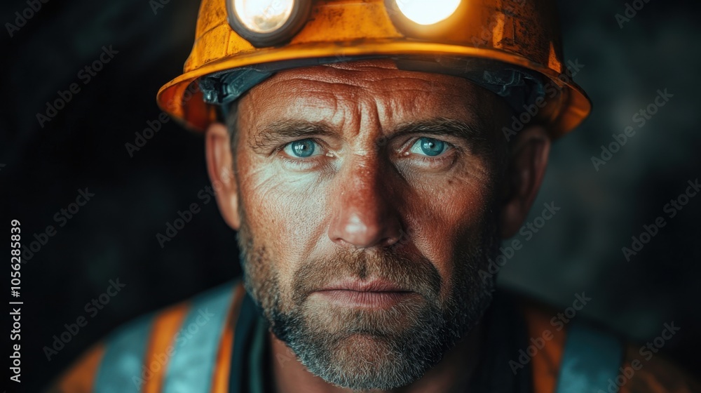 Portrait of a mature miner with helmet light, experienced and rugged, blue eyes in dimly lit mining tunnel, industry worker, close-up focused expression Portrait of a mature miner with helmet light, experienced and rugged, blue eyes in dimly lit mining tunnel, industry worker, close-up focused expression